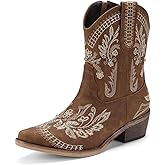 Krypthixor Rhinestone Ankle Cowboy Boots for Women Embroidered Short Cowgirl Boots with Low Heel Side Zipper Comfortable Chunky Heel Western Booties for Prom Party Wedding Pull On Shoes