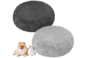 Huwena 2 Pcs Dog Cat Bed 20 Inch Anti Anxiety Donut Cuddler Warming Soft Round Cozy Bed Puppy Bed Fluffy Faux Fur Plush Cushion Bed for Small Medium Dogs and Cats(Light Gray, Dark Gray)