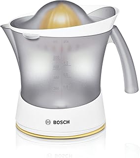Bosch MCP3500N Zitruspresse (25 W, hohe Saftausbeute, abnehmbarer Saftbehälter 0,8 l, Fruchtfleisch-Regulierung) weiß/sommergelb