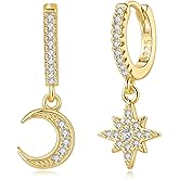 Sylph 925 Sterling Silver Huggie Earrings for Women, Moon and Star Drop Earring Cute Celestial Jewelry Gifts for Everyday Wear