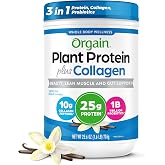 Orgain Organic 25g Protein + 10g Collagen Powder, Vanilla Bean, 1.6lb | Plant based protein with collagen peptides type I &amp; III, 1B CFU probiotics, supports hair, skin, nails, joints &amp; gut health