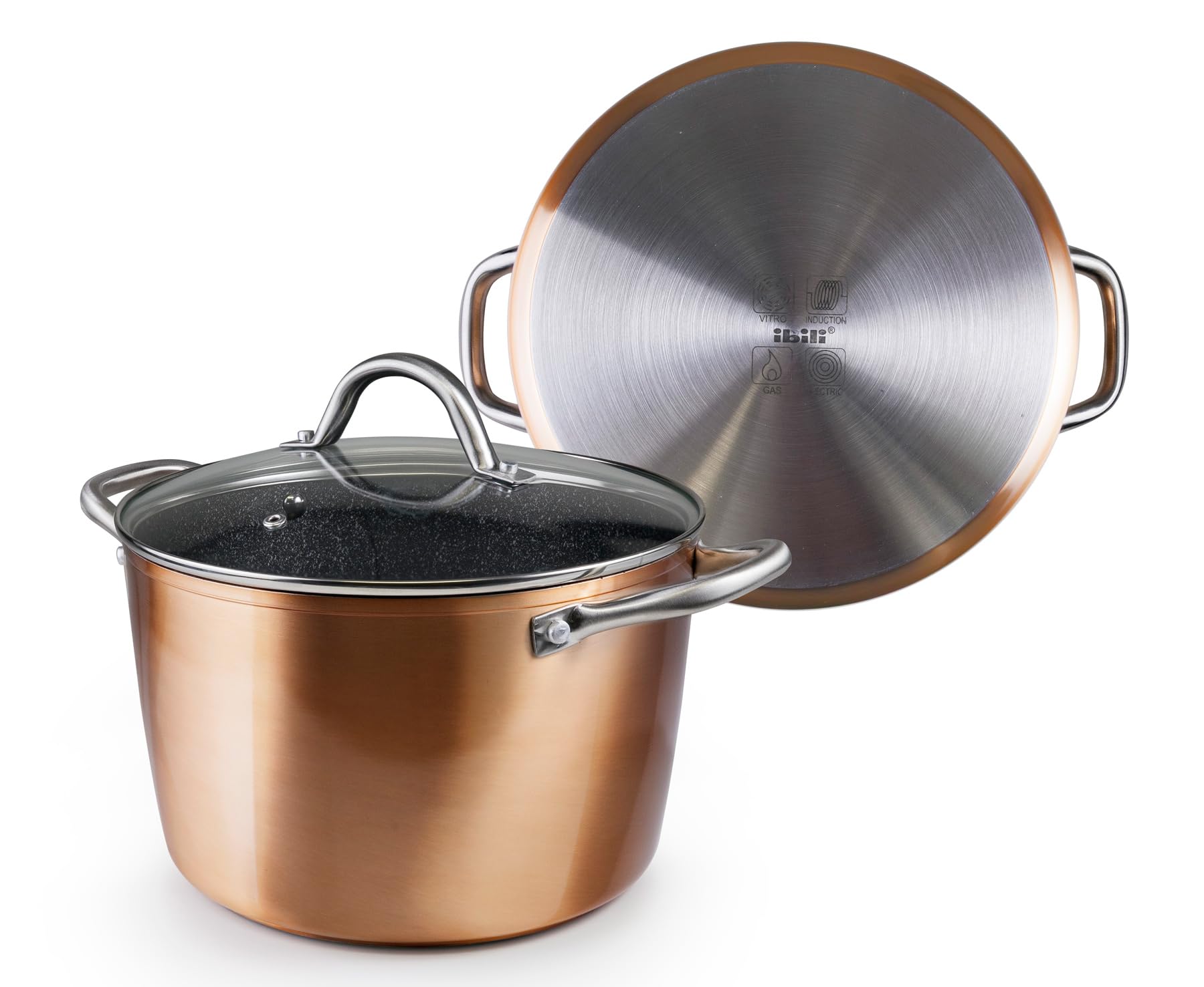 IBILI - Natura Copper Saucepan with Glass Lid 20 cm Stone Style Non-Stick Coating Suitable for Induction Cookers