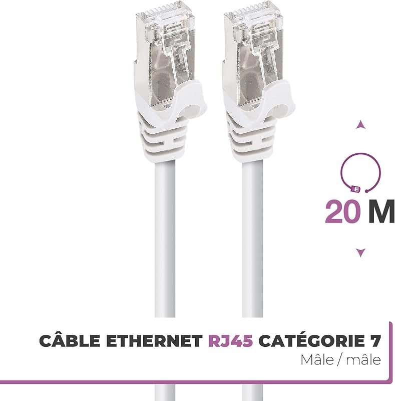 Câble Ethernet Cat 7, 20M, RJ45 Réseau 10Gbps 600MHz, Blindé S/FTP, Cordon Internet Très Haut Débit, Compatible avec PC Modem Routeur TV Box Xbox Switch PS5 PS4 Gaming, 560359