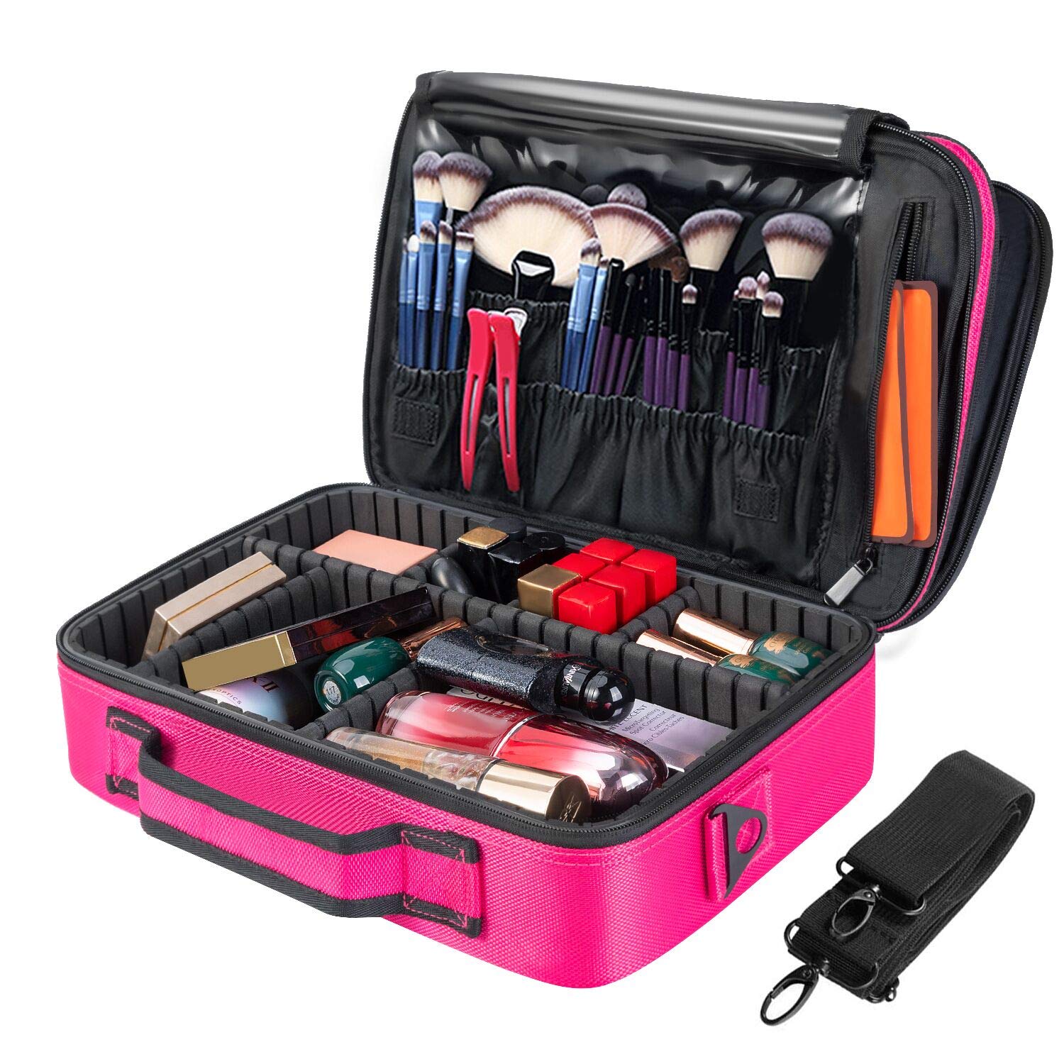 Makeup Train Case 6 Layer Waterproof Large Capacity Travel Cosmetic Case with Shoulder Strap, Portable Makeup Box Storage Organizer with Removable Dividers for Brushes Accessories Daily Use : Beauty