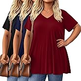 Evervibe 3 Pack Women's Plus Size Tops Short Sleeve Tunic Shirts V Neck Loose Flowy Swing Casual Summer Tees