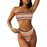 ZAFUL Women Strapless Textured Bandeau Bikini 2 Piece Swimwear Cheeky Solid Lace up Bathing Suits