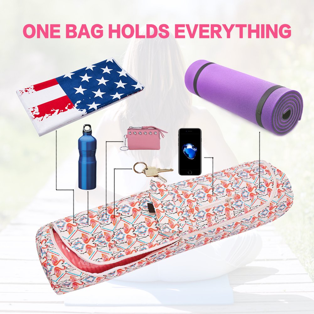 TUONROAD Yoga Sling Bag for Large Mat Hot Patterned Pink Flamingo Turquoise Stripe Geometry Cute Foldable Yoga Tote Bag Cotton Canvas Yoga Mat Sling with Easy Access Full Zipper and Pocket