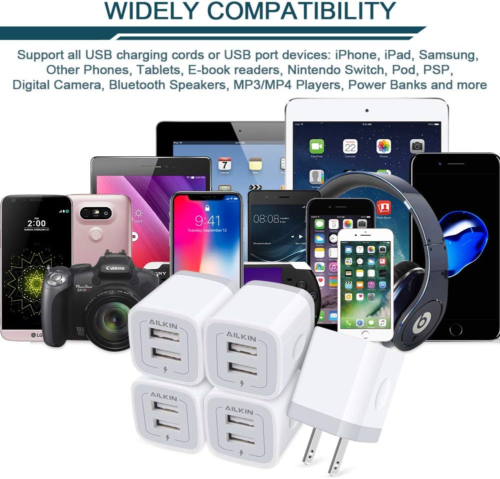 AILKIN USB Plug, Wall Charger Fast Charging Block, Power Adapter Cube 2 Port Charge Travel Brick Cell Quick Chargers Box cargador for iPhone SE, 11Pro Max, Samsung Galaxy, LG, iPad, X, 8, 7,6 Plus