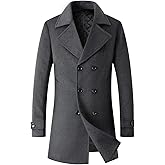 chouyatou Men's Classic Double Breasted Wool Blend Pea Coat Mid Long Trench Coat