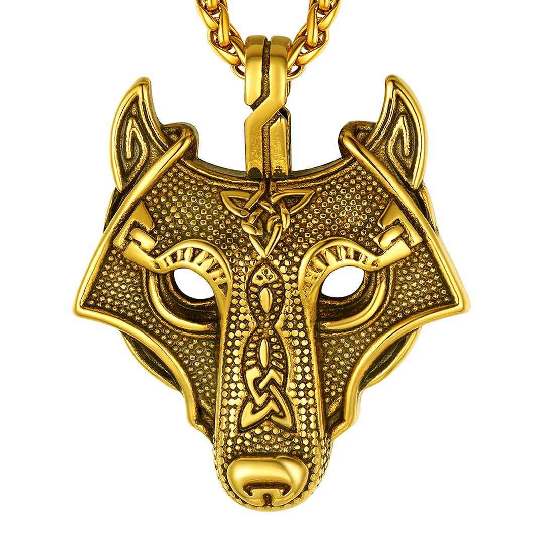 Richsteel Mens Necklace Chain Gold Wolf Pendant Necklaces Punk Jewelry Viking Jewellery for Men