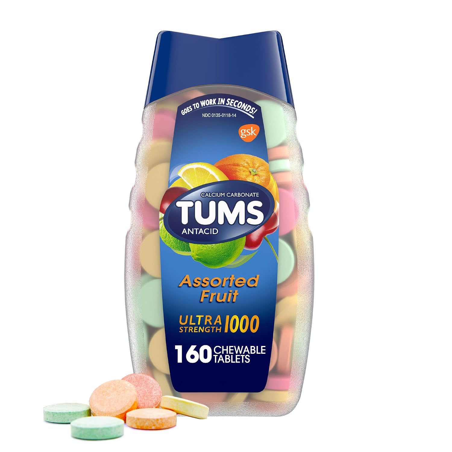 TUMS 74610 Ultra Strength Assorted Fruit Antacid Chewable Tablet for Heartburn Relief Pack of 160, 160 Count (Pack of 1)