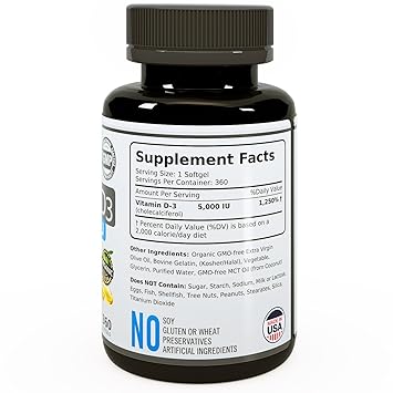 Vita Optimum Vitamin D3 5000 Iu In Certified Organic Olive Oil 360 Minigels Gmo Free Made In