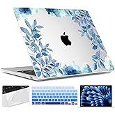 TWOLSKOO for MacBook Air 15 inch Case 2025 2024 2023 Release M4 A3241 M3 A3114 M2 A2941, Plastic Hard Shell & Screen Protector & Keyboard Cover & Trackpad Film, Blue Floral