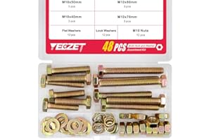 YEEZET 48Pcs Grade 8.8 M10 Hex Head Screws Bolts and Nuts Flat & Lock Washers Assortment Kit 40mm 50mm 70mm 80mm
