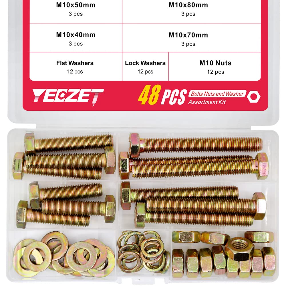 YEEZET 48Pcs Grade 8.8 M8 Hex Head Screws Bolts and Nuts Flat & Lock Washers Assortment Kit 40mm 50mm 70mm 80mm D-CXW6J-M10-12Sets