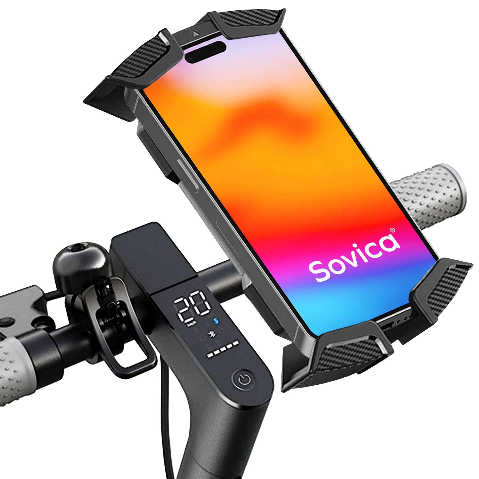 Sovica Universal electric scooter phone holder compatible with electric scooters of all brands suitable for smartphones up to a screen size of 7.5 inches
