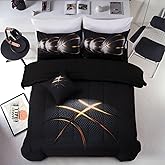 A Nice Night 6Pcs Bed in A Bag Twin Sports Comforter Set,3D Phnom Penh Black Basketball Printing for Kids Teen Boys,Twin