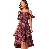 Allegra K Women's Spaghetti Strap Ruffled Sleeves Asymmetrical High Low Floral A-Line Midi Dress