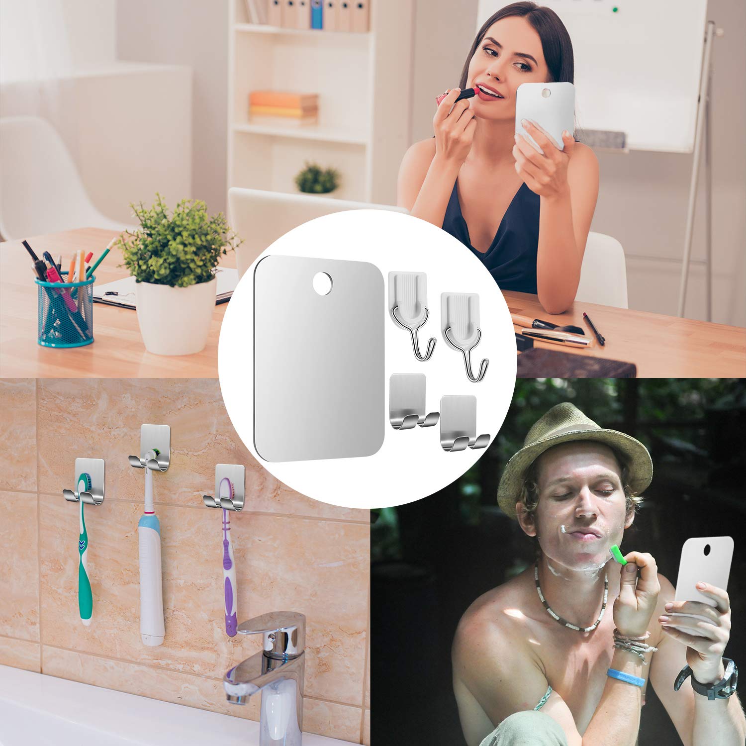 Jetec Anti-Fog Shower Mirror Fogless Bathroom Shaving Mirror with 2 Razor Hooks, 2 Removable Adhesive Razor Holders for Men and Women, 6.8 x 5.2 Inches : Beauty
