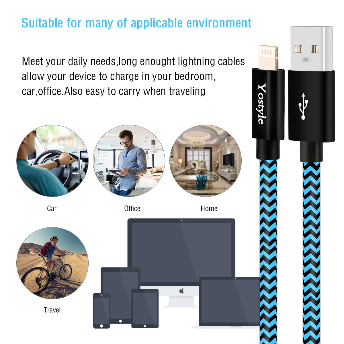 Yostyle Phone Charger Cable,4Pack(3/6/6/10FT) Extra Long Nylon Braided USB Charging & Sync Cord Compatible with Phone Charger X XS Max XR/8/8 Plus/7 Plus 6s/6s Plus/6/6 Plus/5s/5/SE, Pad