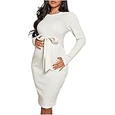 OYOANGLE Women's Maternity Textured Bow Belted Dress Ribbed Knit Long Sleeve Bodycon Pregnancy Midi Dresses
