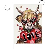 Covido Valentines Day Highland Cow Decorative Garden Flag, Farmhouse Red Love Heart Yard Outside Decoration, Rustic Anniversary Wedding Burlap Outdoor Small Home Decor Double Sided 12 x 18