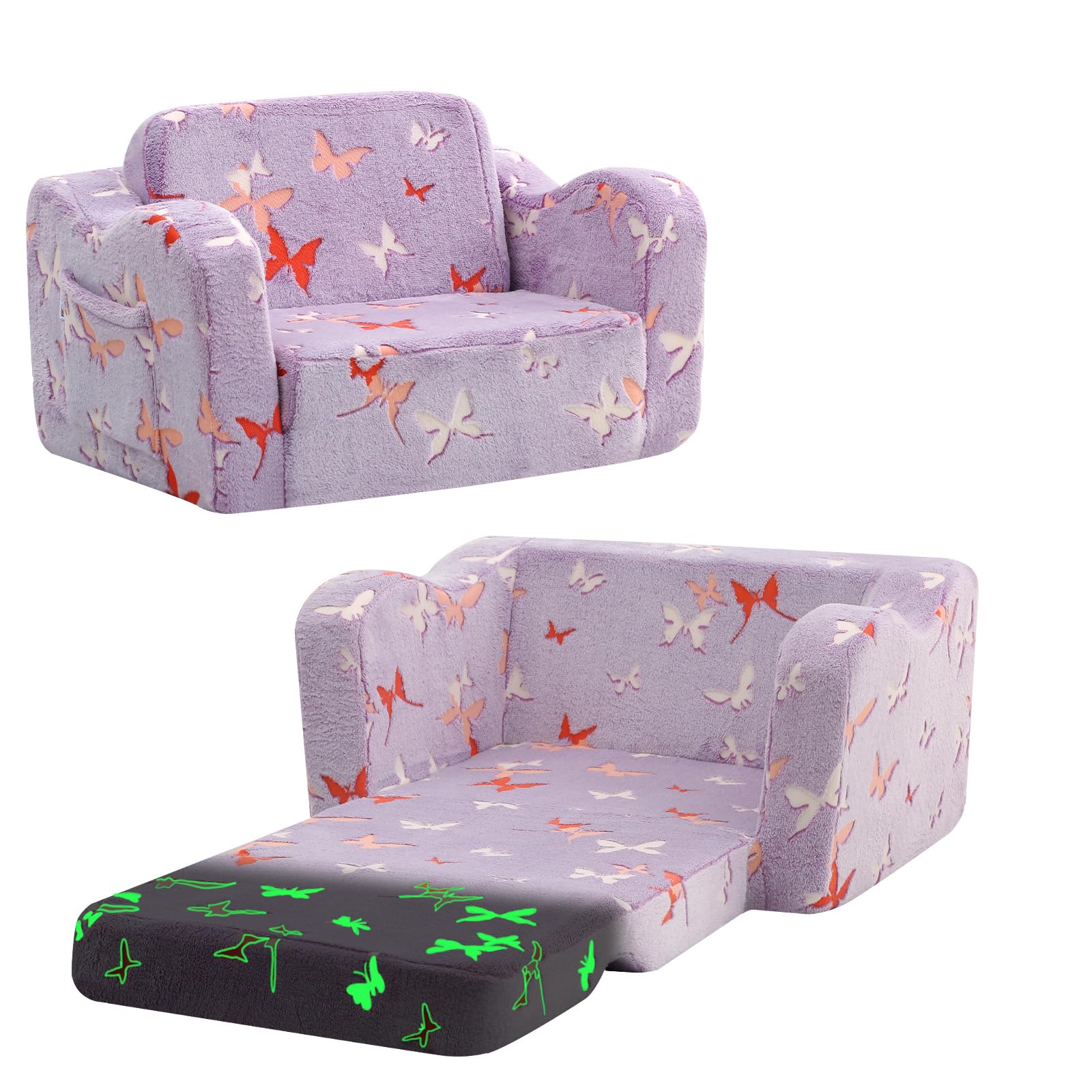 Photo 1 of MeMoreCool Toddler Chair Comfy 1-3 Years Old, Kids Couch for Playroom, Convertible Glowing Butterfly Flip Out Sofa, Kids Furniture Floor Recliner Chair Bed