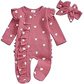 Xiaodriceee Newborn Baby Girl Valentines Outfit Ruffle Heart Print Romper Waffle Jumpsuit Coming Home Outfit