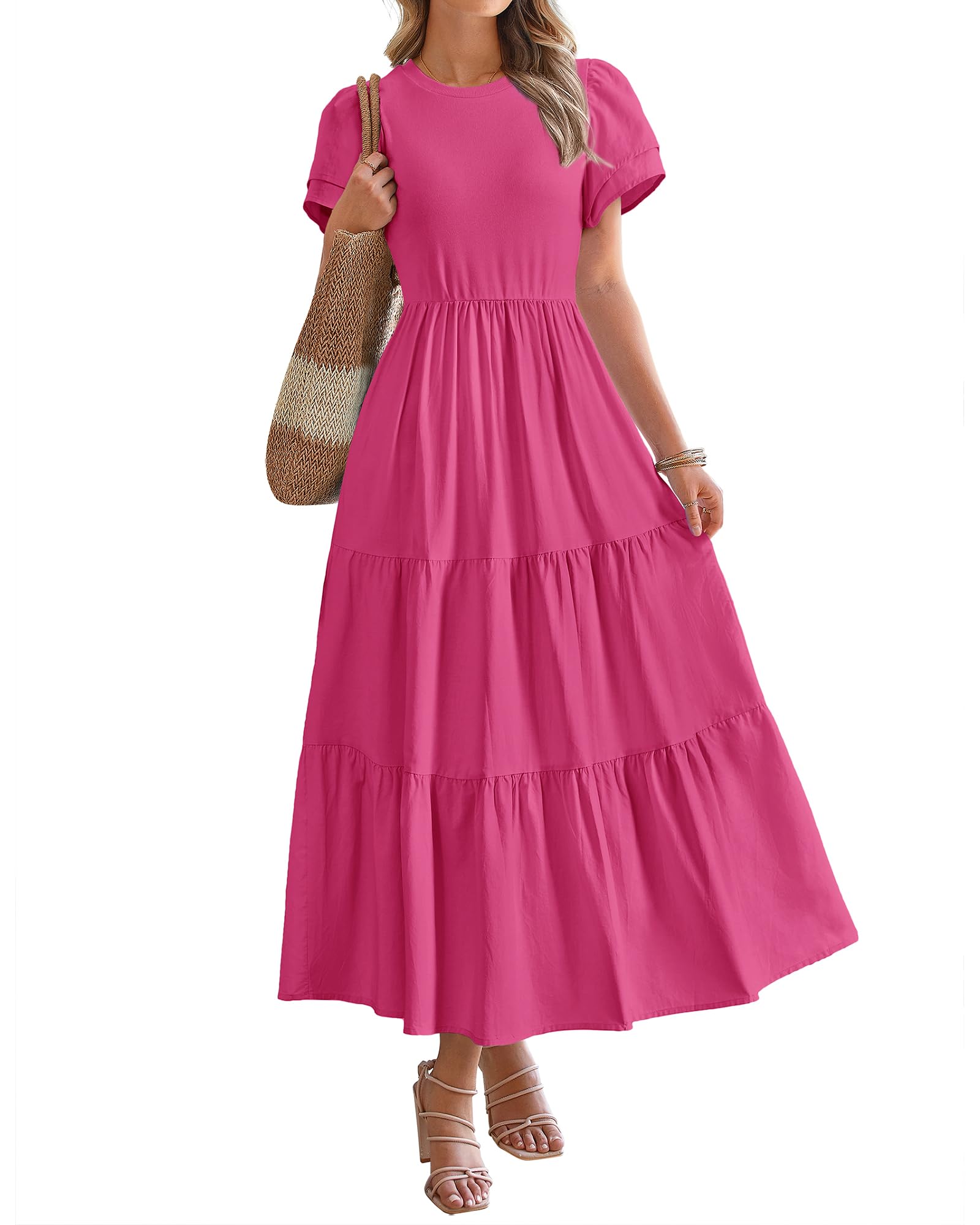 Photo 1 of (SMALL) (BAGGED) BTFBM Women Casual Summer Dresses 2025 Spring Crewneck Short Sleeve Tiered Flowy Boho Maxi Beach Vacation Dress Pockets(Rose Red, Small)