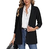 MINTLIMIT Women Casual Long Blazer Jacket Fall 3/4 Ruched Sleeve Open Front Button Work Office Business Suit Jackets with Pockets (Black, Size S)