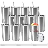 YOUKE OLA 12 Pack Insulated Coffee Tumbler Stainless Steel Double Wall Vacuum Travel Tumbler Cup with Lid and Straw for DIY Gift, Silver 20oz