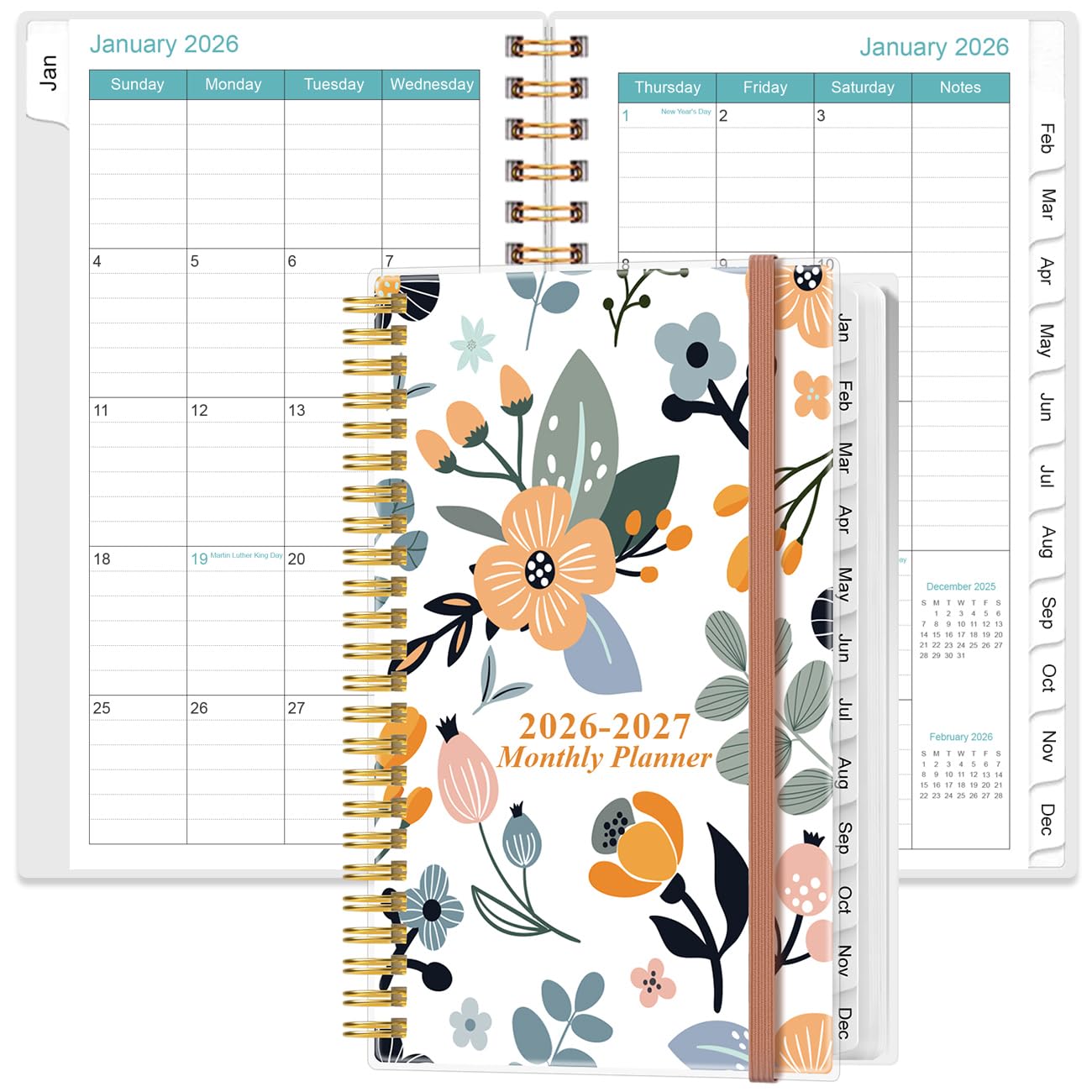 Photo 1 of 2026-2027 Monthly Planner - January 2026 - June 2027, Two Pages Per Month, 18 Monthly Calendar/Planner with Tabs, Strong Twin-Wire Binding, Inner Pocket, 3.75" x 6.5", Flowers