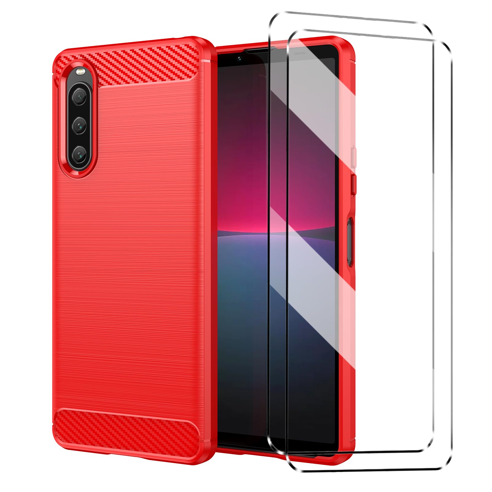 Case Compatible with Sony Xperia 10 V 10V Cover with 2 Pack Tempered Glass Screen Protector for Sony Xperia 10 V 10V, Slim Fit Soft TPU Shockproof Anti-Scratch Phone Case Cover - Red