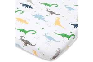 Joey + Joan Pack and Play Sheet Fitted – Compatible with 4moms Breeze Plus Playard & Breeze Go Playard – Fits Up to 30 x 43 Inch Mattress Without Bunching – Dinosaur