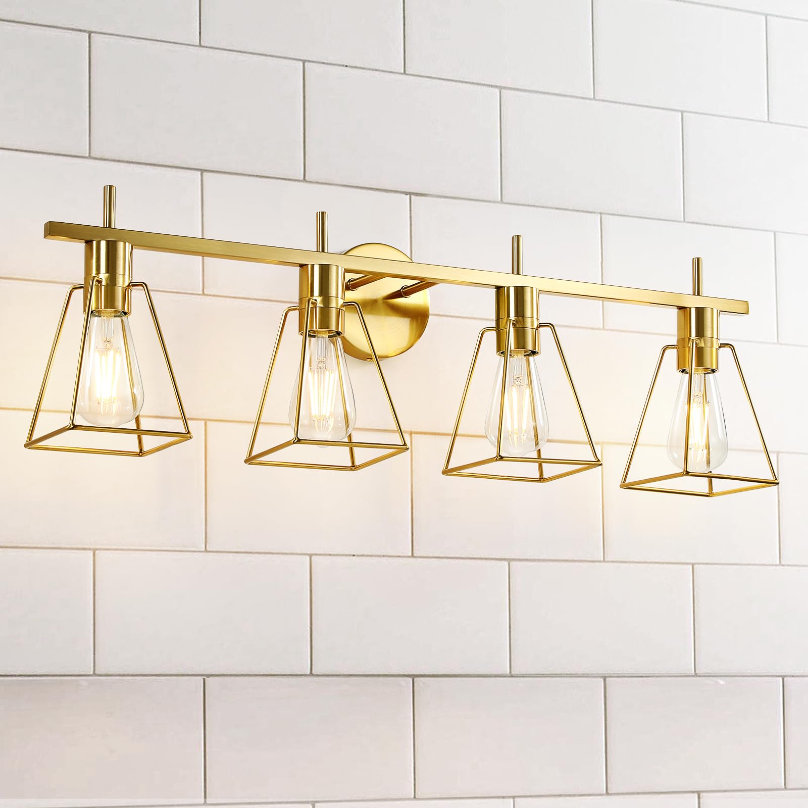 Photo 1 of HAHZT Industrial Bathroom Vanity Lights: 4-Lights Gold Brushed Brass Vintage Metal Cage Wall Lamps - Rustic Farmhouse Light Fixture Over Mirrors Cabinet for Painting Hallway