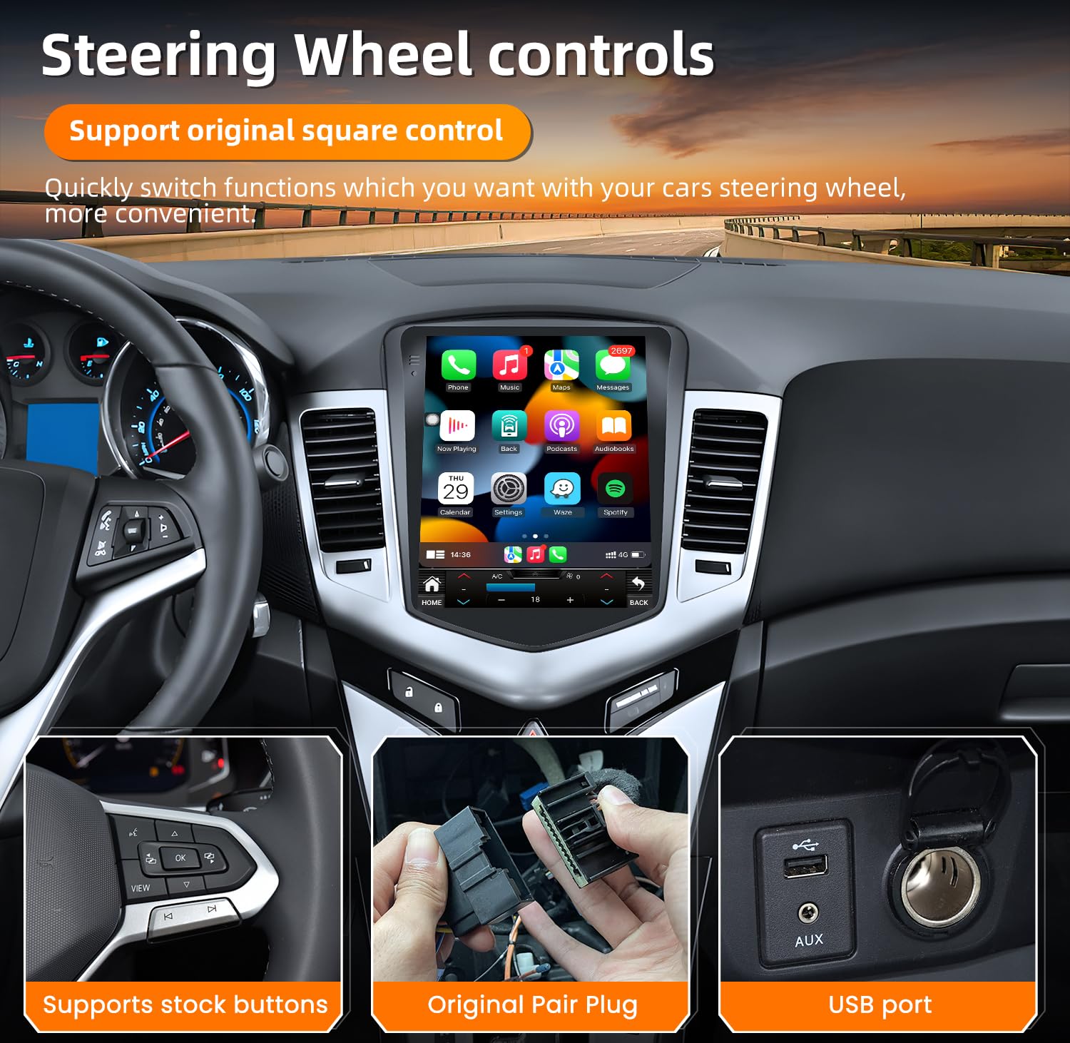 4Core 64ROM Car Radio for Chevrolet Chevy Cruze 2009-2015: Upgrade Touchscreen Tesla Style Stereo Head Unit Wireless CarPlay Android Auto 5G WiFi GPS Bluetooth 5.0 FM RDS SWC Backup Camera