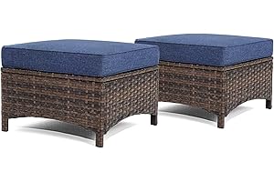 HILLGA Luxury 2PCS Patio Ottomans Footrest, Premium Wicker Steel Frame Outdoor Fabric, Comfortable Cushions, for Garden, Porch, Backyard and Deck (Blue)