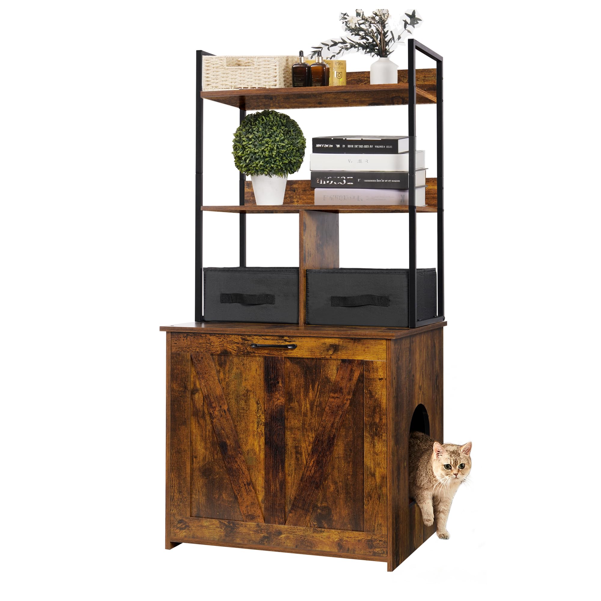 Photo 1 of **FOR PARTS**
Dwanton Litter Box Enclosure with 2 Storage Shelves and 2 Drawers, 2-in-1 Hidden Cat Litter Box Enclosure Furniture with Shelf, Reversible Entrance, Washable Drawers, 50-Inch, Rustic Brown