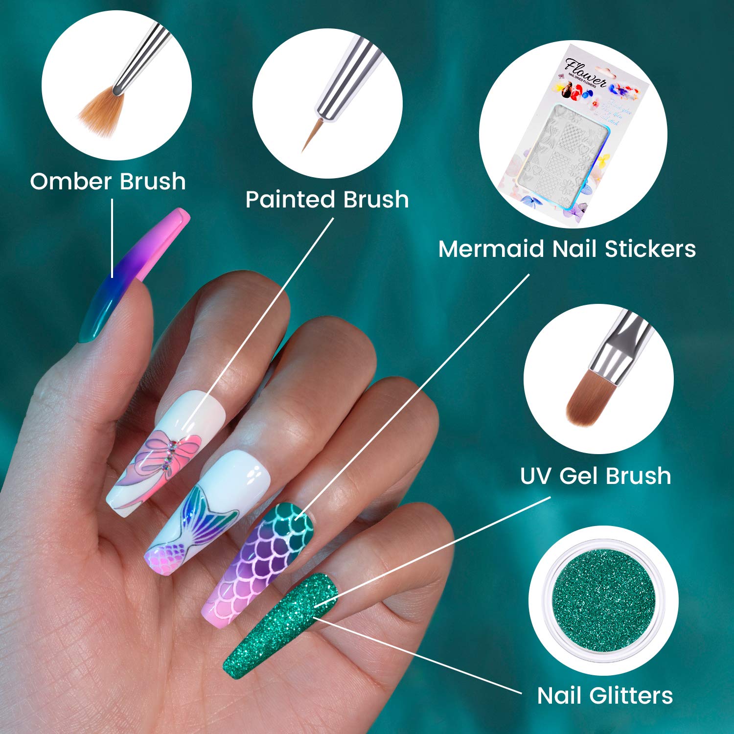 Beetles Gel Nail Polish Kit, Mermaid Mantra 20 Colors Soak Off U V Gel Polish Starter Kit with 1 Base Coat 1 Glossy & 1 Matte Top Coat 3 Nail Brushes 6 Colors Glitter 1 Mermaid Nail Stickers : Beauty