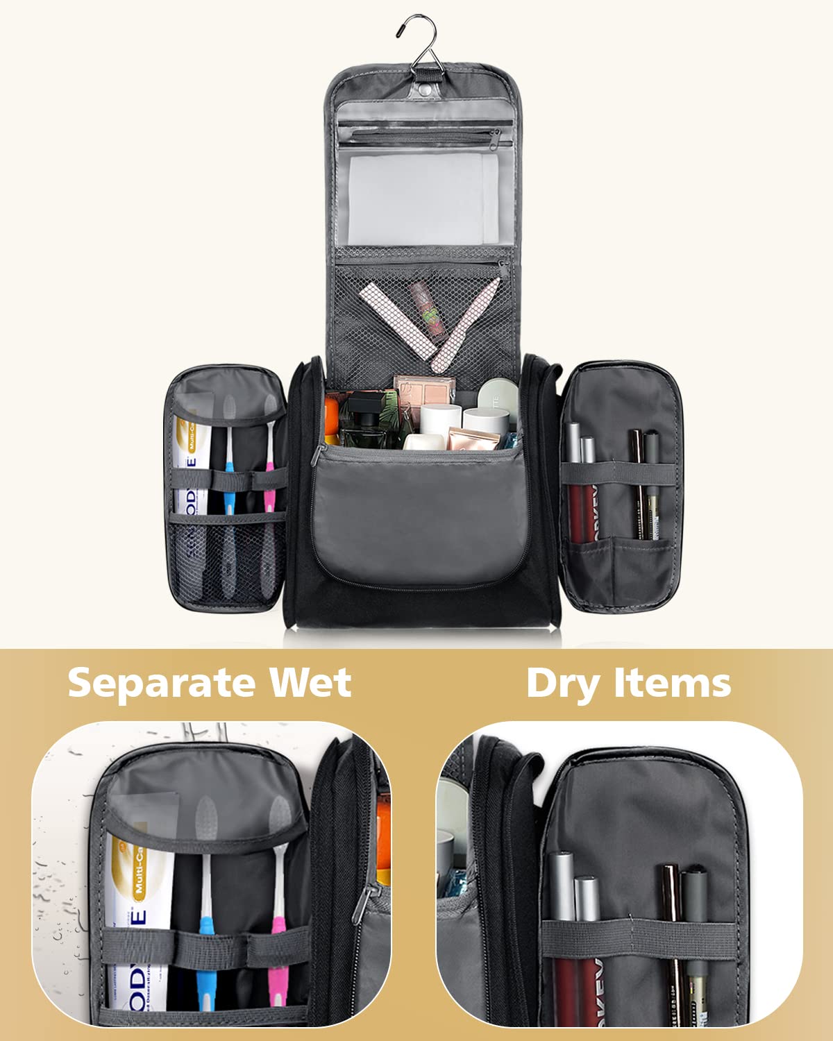 Toiletry Bag for Women and Men, Water-Resistant Travel Makeup Bag with Hanging Hook, Compact Travel Toiletry Organizer Bag, Makeup Organizer Bag for Cosmetics