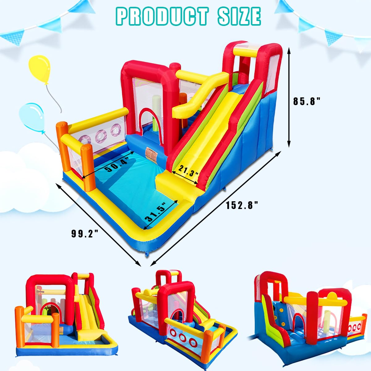 Bounce House, Inflatable Bounce Castle with Blower for Kids, Blow Up Jumping Bouncer with Slide, Climbing Wall, Obstacles, Trampoline, Ball Pit Pool for Indoor Outdoor