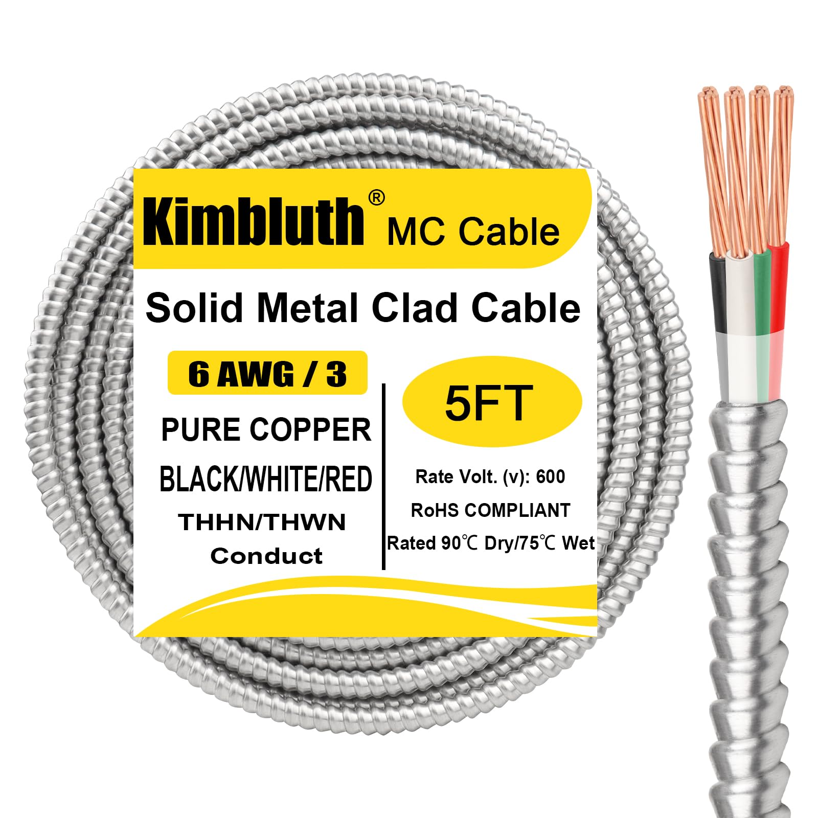 Photo 1 of 6/3 Metal Clad (MC) Cable with Ground 5ft, 6 Gauge Electric Wire with Aluminum Armor, Solid Bare Copper Conductors for Indoor Outdoor Underground Embedded Installation (6/3, 5 ft)