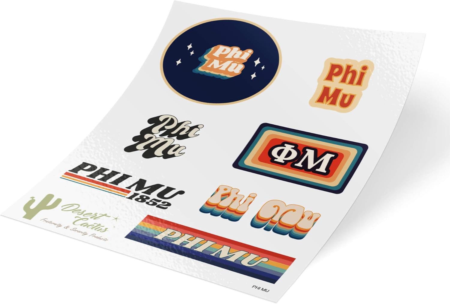 Phi Mu 70's Themed Sticker Sheet Decal Laptop Water Bottle Car (70's Sheet)