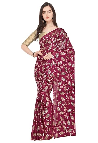 Poly Georgette Wine Foil Printed Womens Saree
