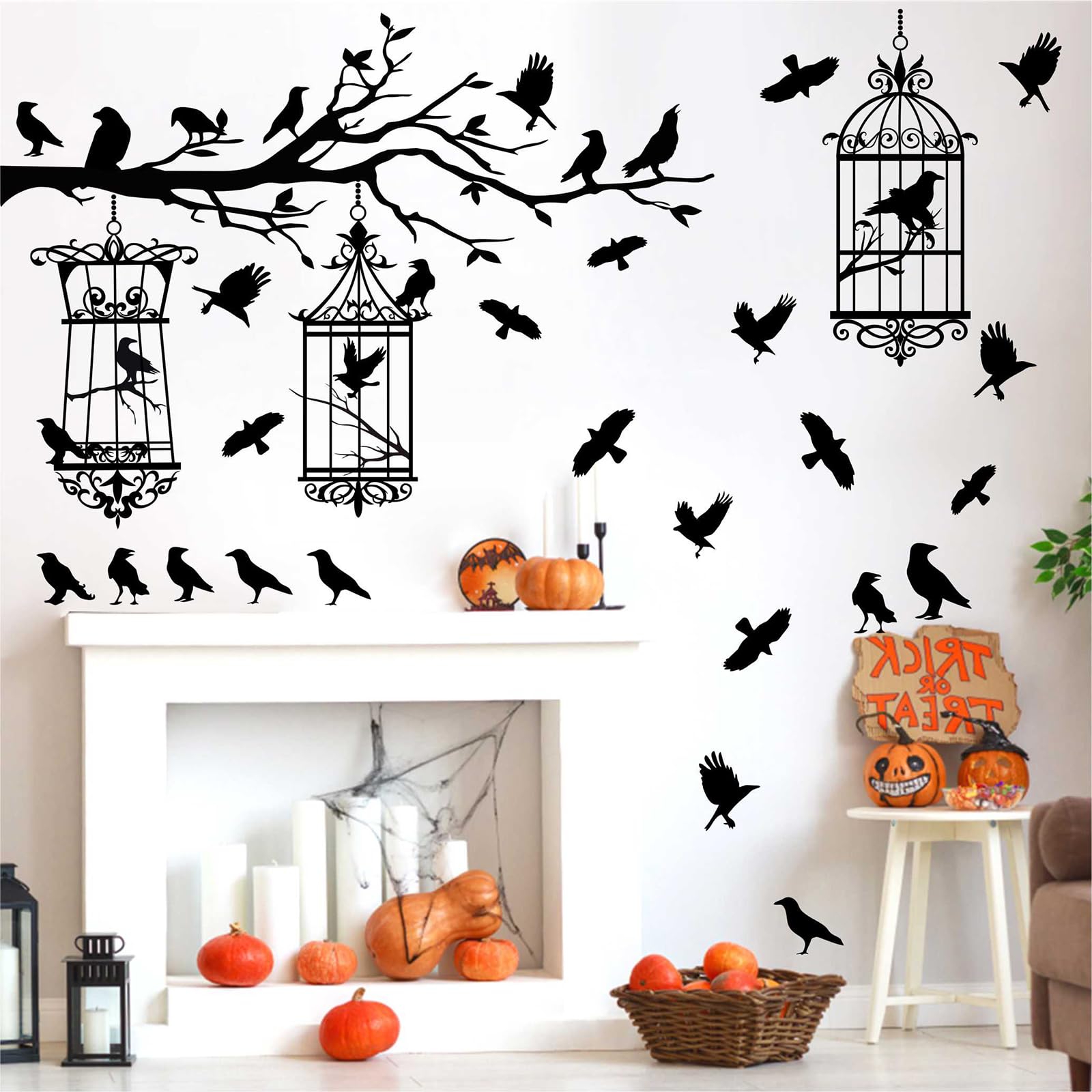 MOSITU Crow Wall Decals 34 Pcs Black Raven Stickers with Tree Branch and Bird Cage Removable Vinyl Wall Art for Bedroom Living Room Goth Farmhouse Decor