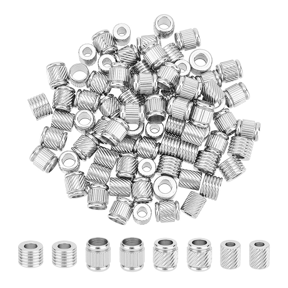 UNICRAFTALE 80pcs 4-Style Grooved Stainless Steel Spacer Beads - 7~8mm Column, 3~5.5mm Loch, Large Hole Metal Beads for Bracelet & Necklace Jewelry Making
