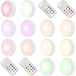 HELPLEX LED Puck Lights with Remote, 12 Pack Color