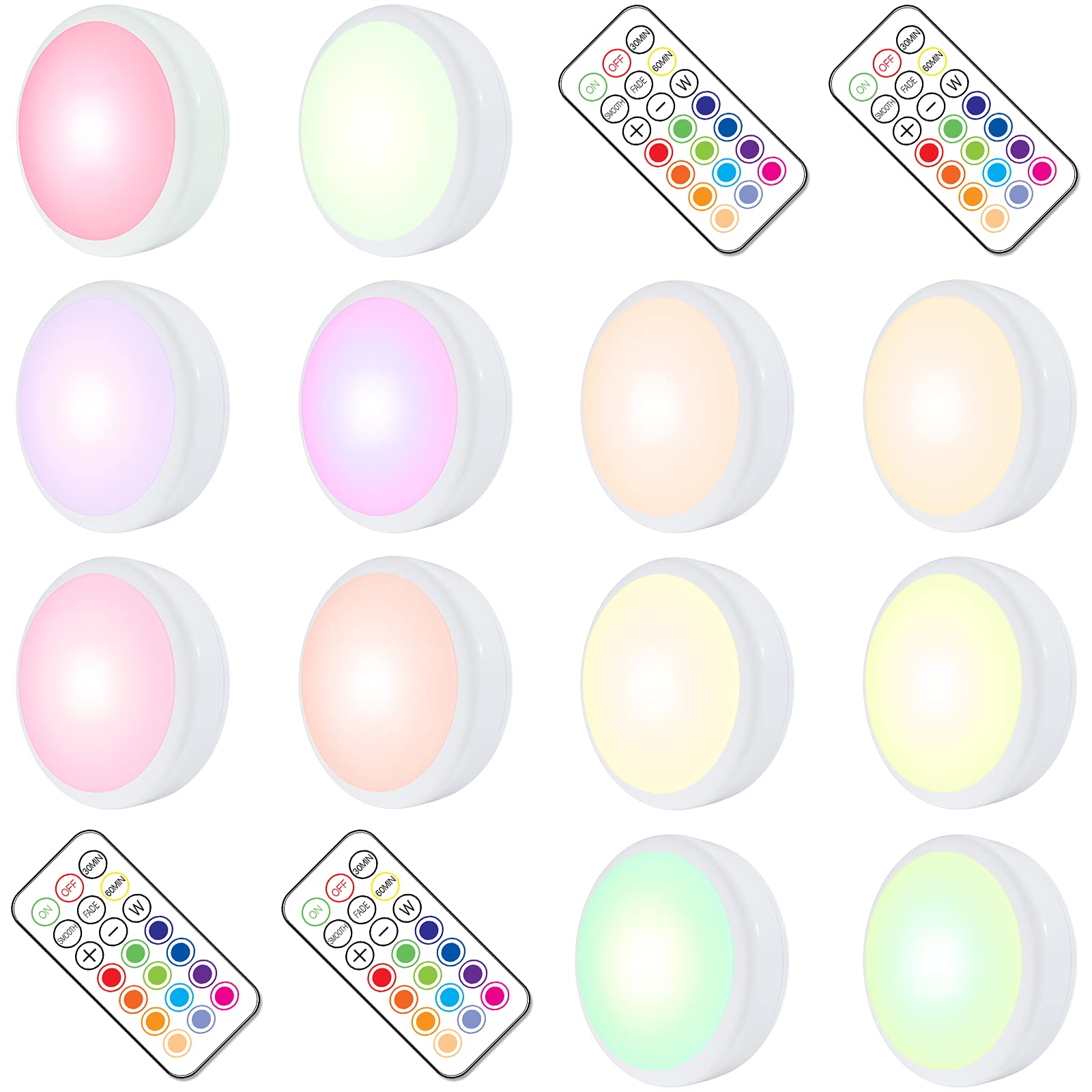 HELPLEX LED Puck Lights with Remote, 12 Pack Color