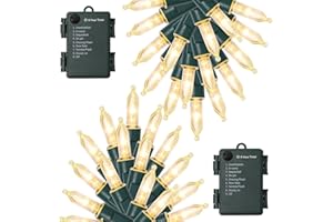 WATERGLIDE 2 Pack 50 LED Outdoor Christmas Lights, 16FT Battery Operated Mini String Lights with 8 Modes & Timer, Xmas Tree Lights Waterproof for Patio Garden Party Wedding Holiday Decor, Warm White