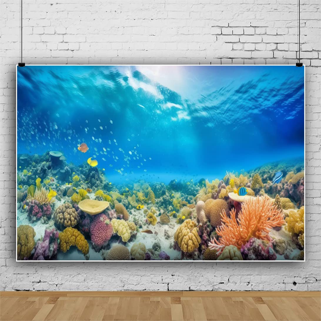 Bovlleetd Undersea Coral Backdrop Tropical Fish Sunlight Blue Sea Underwater Background for Photoshoot Colorful Seabed Scene Marine Aquarium Backdrop for Photography 10x8ft